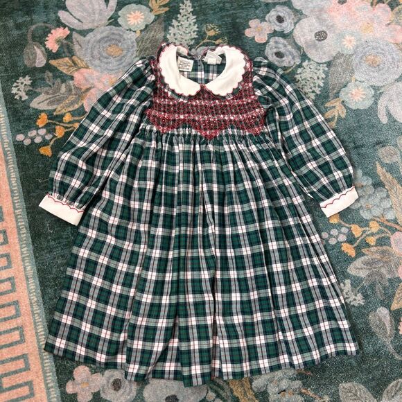 Sarah Louise Dress Girls 4 Green Plaid Tartan Smocked Peter Pan Collar Christmas - Picture 10 of 14